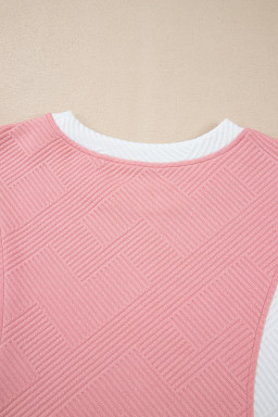 Pink Textured Colorblock Patchwork Tee and Shorts Set