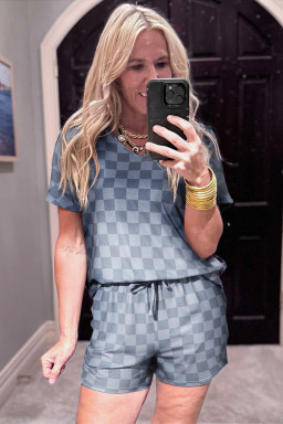Gray Checkered V Neck Tee and Drawstring Shorts Pajama Set