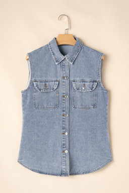 Beau Blue Flap Pocket Curved Hem Sleeveless Denim Jacket