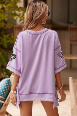 Orchid Petal Sequin Fleur De Lis Patched Exposed Seam Oversize Top