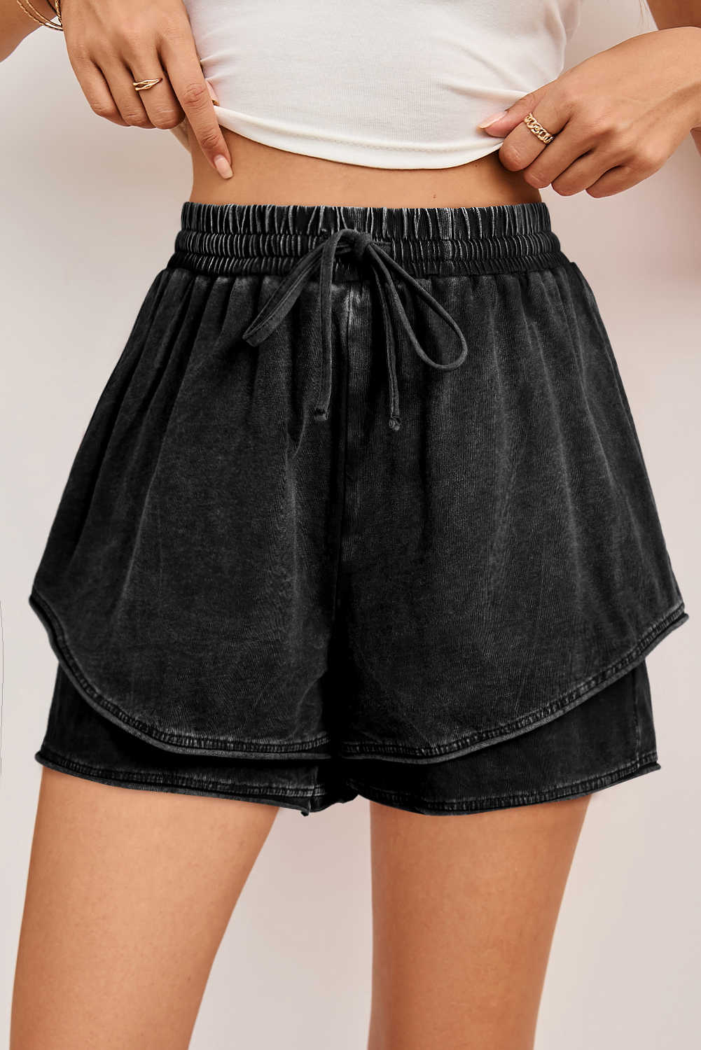 Black Mineral Wash French Terry High Waist Casual Shorts