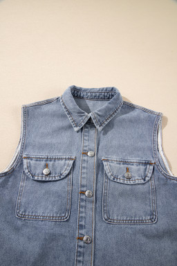 Beau Blue Flap Pocket Curved Hem Sleeveless Denim Jacket