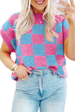Sachet Pink Colorblock Checkered Knit Dolman Sweater Vest