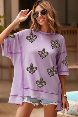 Orchid Petal Sequin Fleur De Lis Patched Exposed Seam Oversize Top