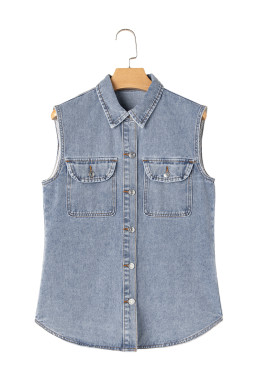 Beau Blue Flap Pocket Curved Hem Sleeveless Denim Jacket