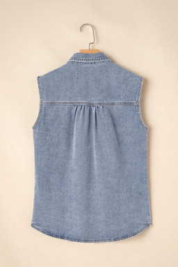 Beau Blue Flap Pocket Curved Hem Sleeveless Denim Jacket