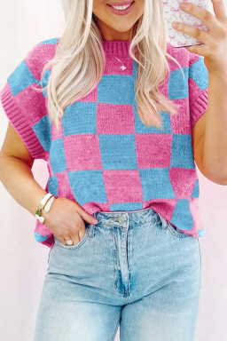 Sachet Pink Colorblock Checkered Knit Dolman Sweater Vest
