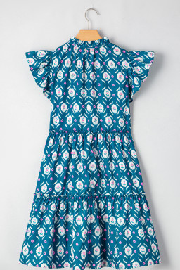 Blue Retro Floral Print Split Neck Ruffle Short Sleeve Dress