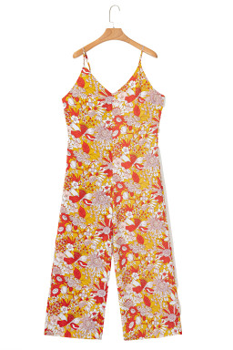 Orange Floral V Neck Wide Leg Sleeveless Jumpsuit