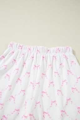 Pink Bowknot Print Lettuce Trim Two Piece Pajama Set