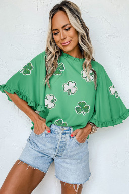 Green Sequin Clover Graphic Ruffled Trim Bell Sleeve St Patrick Blouse