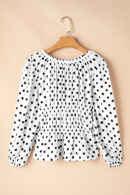 Black Polka Dot Bow Square Neck Ruched Peplum Blouse