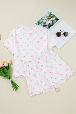 Pink Bowknot Print Lettuce Trim Two Piece Pajama Set