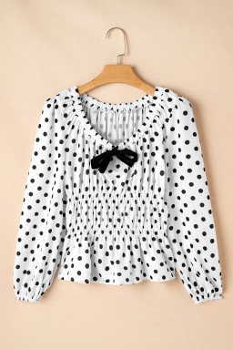 Black Polka Dot Bow Square Neck Ruched Peplum Blouse