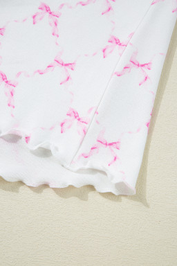 Pink Bowknot Print Lettuce Trim Two Piece Pajama Set