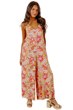 Orange Floral V Neck Wide Leg Sleeveless Jumpsuit
