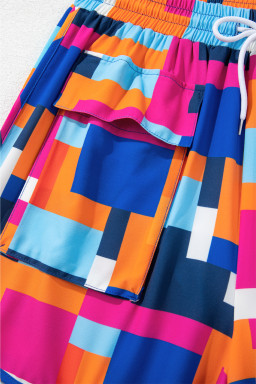 Rose Geometric Print Drawstring Waist Pocket Beach Shorts