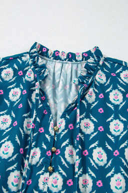 Blue Retro Floral Print Split Neck Ruffle Short Sleeve Dress
