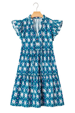 Blue Retro Floral Print Split Neck Ruffle Short Sleeve Dress