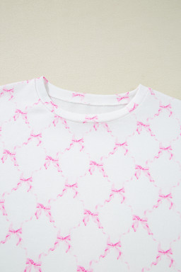 Pink Bowknot Print Lettuce Trim Two Piece Pajama Set