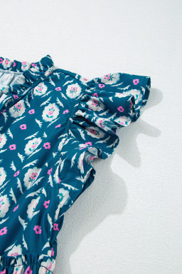 Blue Retro Floral Print Split Neck Ruffle Short Sleeve Dress