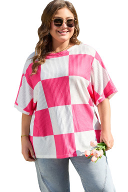 White Textured Checkerboard Round Neck Plus Size T Shirt