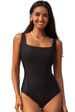 Black Solid Criss Cross Backless Square Neck One Piece Swimsuit