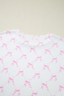 Pink Bowknot Print Lettuce Trim Two Piece Pajama Set