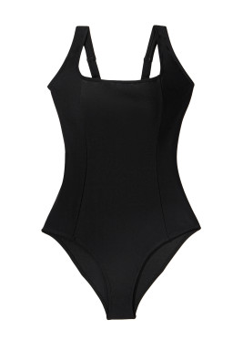 Black Solid Criss Cross Backless Square Neck One Piece Swimsuit