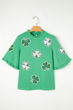 Green Sequin Clover Graphic Ruffled Trim Bell Sleeve St Patrick Blouse
