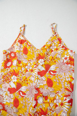 Orange Floral V Neck Wide Leg Sleeveless Jumpsuit