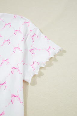 Pink Bowknot Print Lettuce Trim Two Piece Pajama Set
