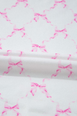 Pink Bowknot Print Lettuce Trim Two Piece Pajama Set