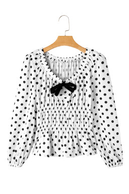 Black Polka Dot Bow Square Neck Ruched Peplum Blouse