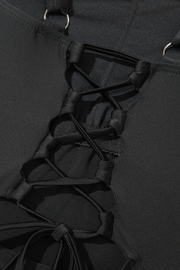 Black Solid Criss Cross Backless Square Neck One Piece Swimsuit