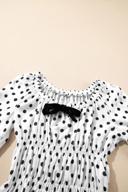 Black Polka Dot Bow Square Neck Ruched Peplum Blouse
