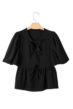 Black Puff Sleeve Bowknot Front Peplum Blouse