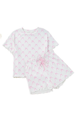 Pink Bowknot Print Lettuce Trim Two Piece Pajama Set