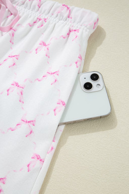 Pink Bowknot Print Lettuce Trim Two Piece Pajama Set
