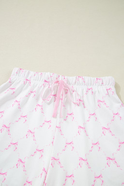 Pink Bowknot Print Lettuce Trim Two Piece Pajama Set