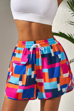 Rose Geometric Print Drawstring Waist Pocket Beach Shorts