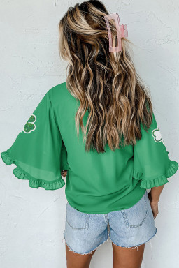 Green Sequin Clover Graphic Ruffled Trim Bell Sleeve St Patrick Blouse