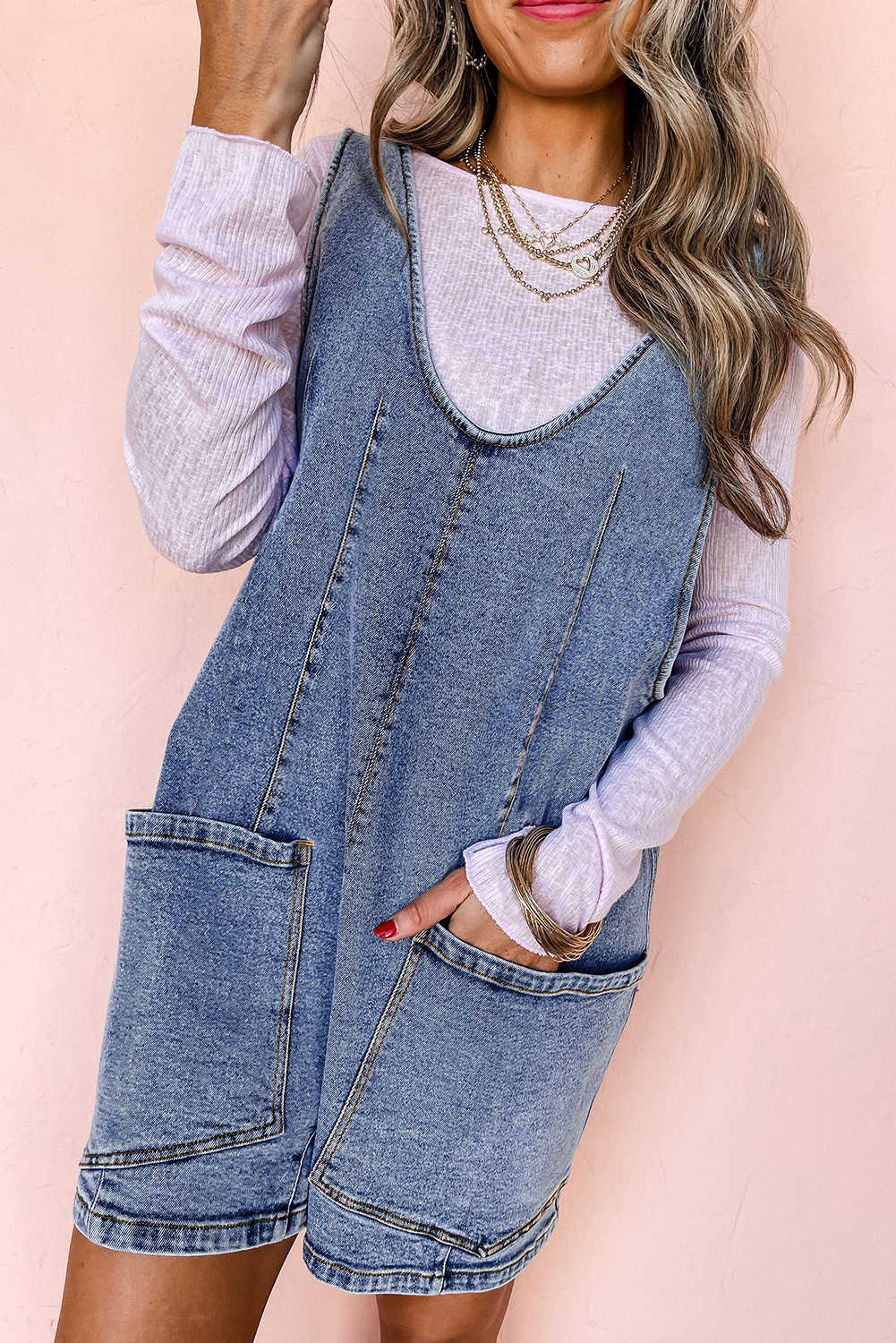 Dusk Blue Sleeveless U Neck Pocket Denim Romper