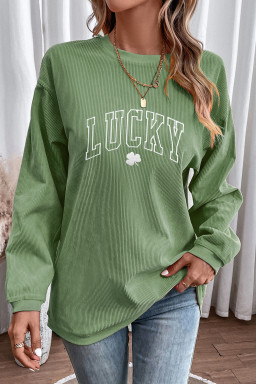 Grass Green LUCKY Clover Embroidered Ribbed St Patrick Sweatshirt