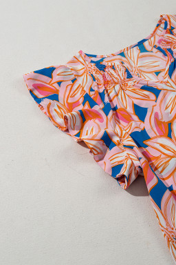 Orange Summer Flower Print Smocked Notched Neck Ruffle Blouse
