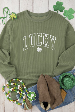Grass Green LUCKY Clover Embroidered Ribbed St Patrick Sweatshirt