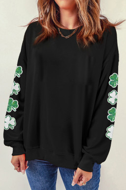 Black Sequin Clover Sleeve Crewneck Sweatshirt