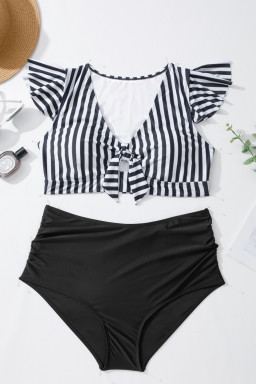 Black Stripe Plus Size Knot Cutout Ruffle Sleeve and High Waist Swimsuit Set