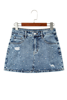 Dusk Blue Rhinestone Distressed Denim High Waist Mini Skirt