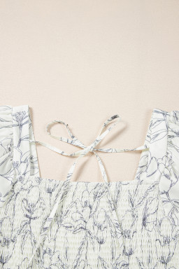 Beige Floral Print Square Neck Shirred Back Puff Sleeve Mini Dress